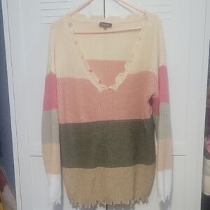 Striped V-Neck Sweater in Cream, Pink, and Green